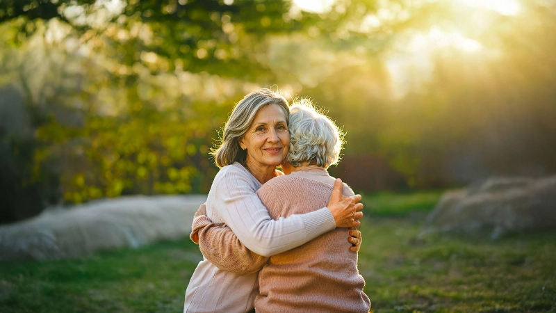 Eine ältere Tochter umarmt ihre betagte Mutter