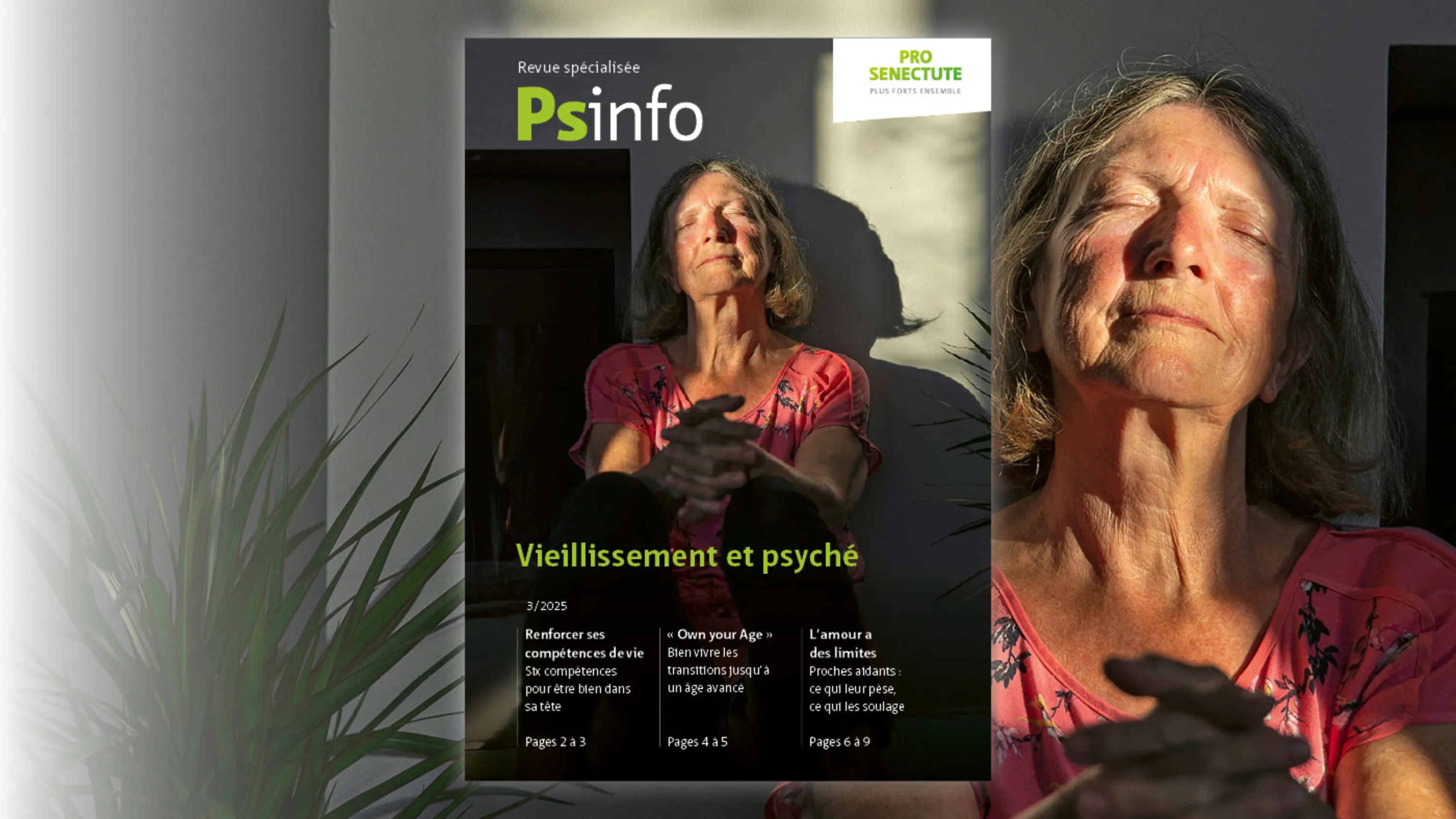 Page de couverture Psinfo 03.2024:Une femme âgée est assise contre un mur, les yeux fermés, au soleil.